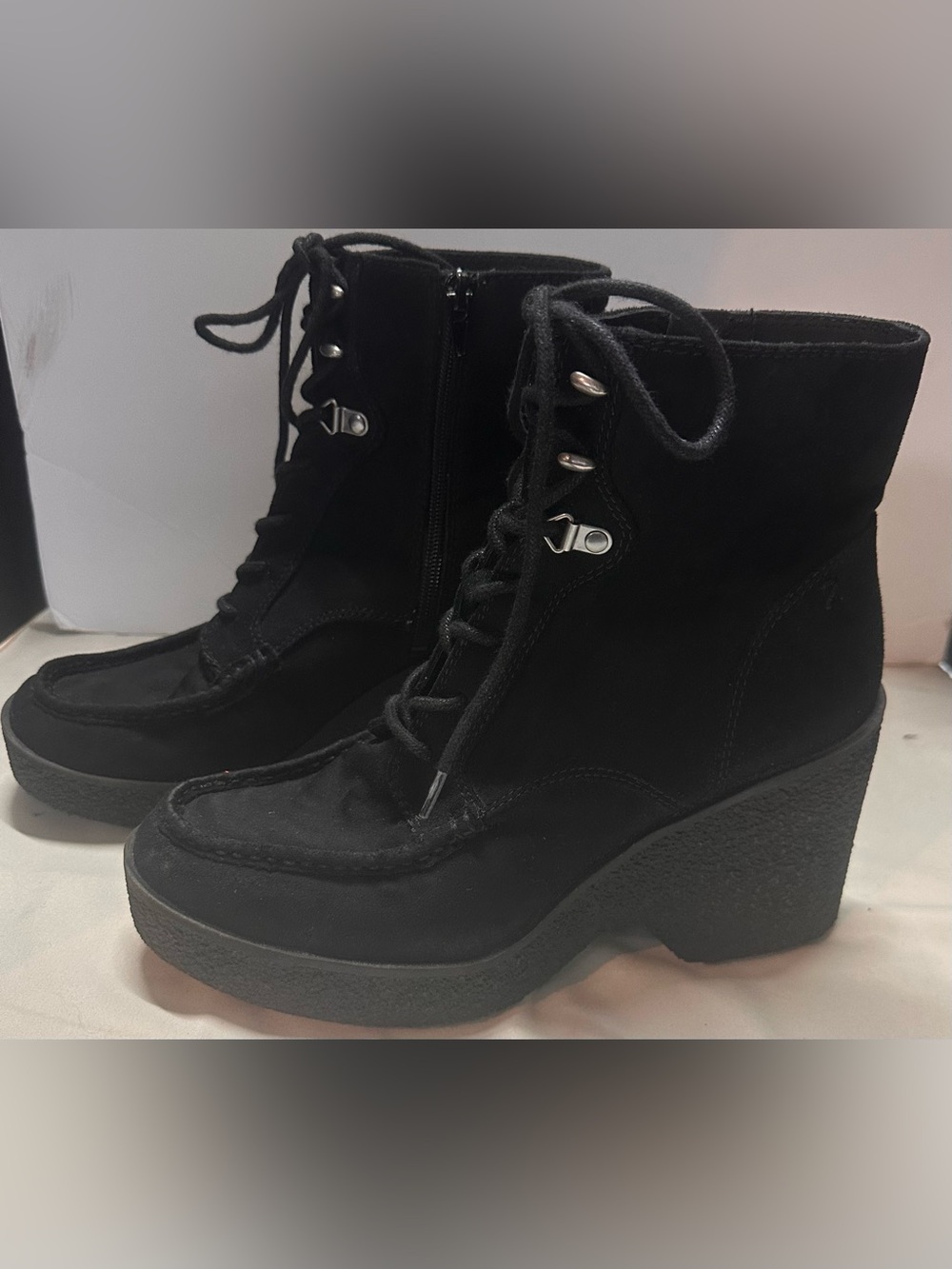 Zodiac Black Lace-Up Wedge Ankle Boots